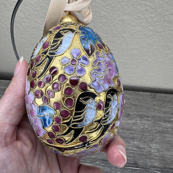 Alsan Victorian Enameling Cloisonné Ornament Egg Birds Flowers With Stand - Picture 4 of 10